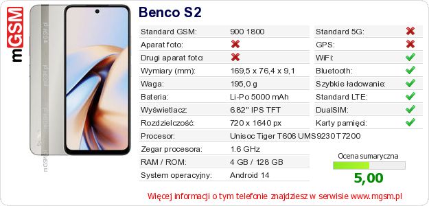 Dane telefonu Benco S2 Dane telefonu Benco S2