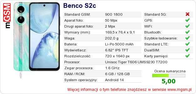 Dane telefonu Benco S2c Dane telefonu Benco S2c