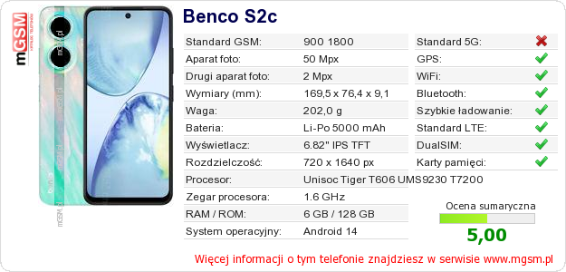Dane telefonu Benco S2c Dane telefonu Benco S2c