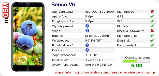 Dane telefonu Benco V6