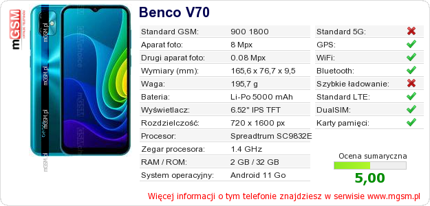 Dane telefonu Benco V70
