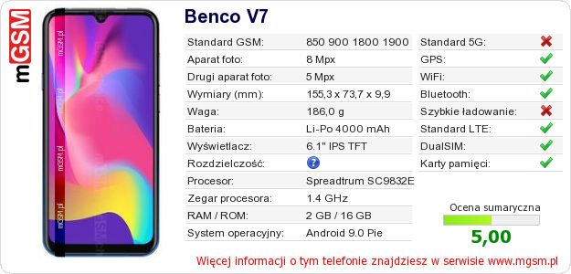 Dane telefonu Benco V7