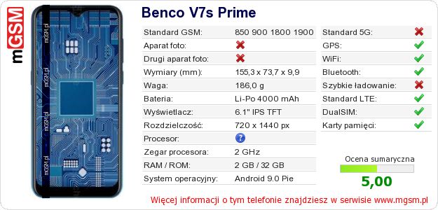 Dane telefonu Benco V7s Prime Dane telefonu Benco V7s Prime