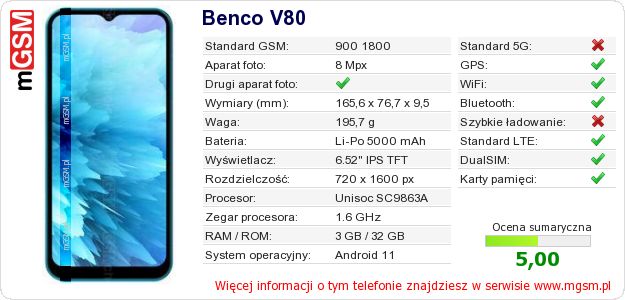 Dane telefonu Benco V80 Dane telefonu Benco V80
