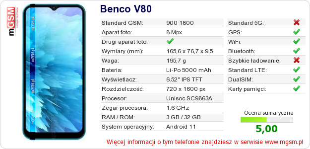Dane telefonu Benco V80 Dane telefonu Benco V80