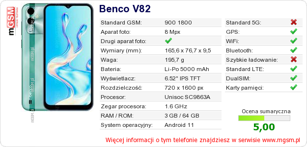 Dane telefonu Benco V82