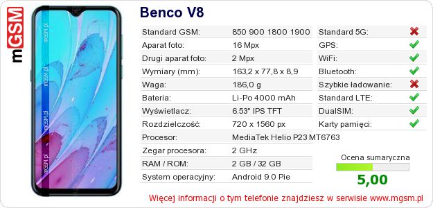 Dane telefonu Benco V8