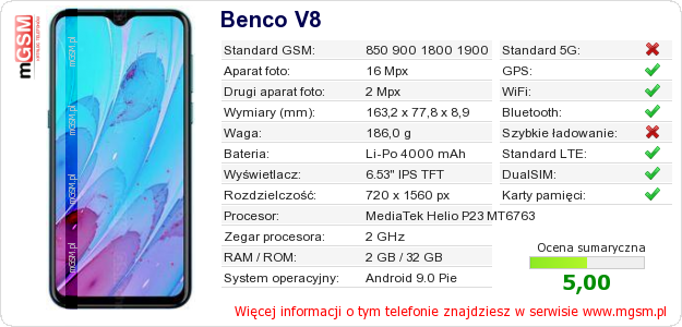 Dane telefonu Benco V8