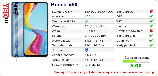 Dane telefonu Benco V90 Dane telefonu Benco V90