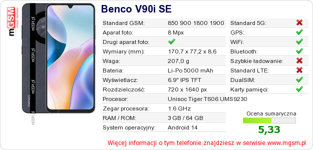 Dane telefonu Benco V90i SE