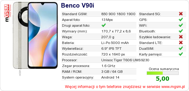 Dane telefonu Benco V90i