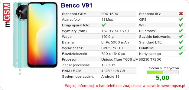 Dane telefonu Benco V91 Dane telefonu Benco V91