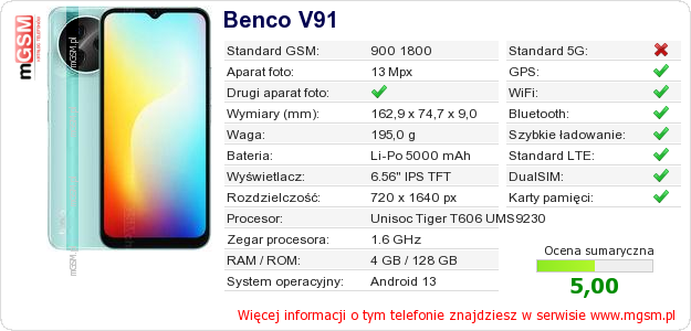 Dane telefonu Benco V91