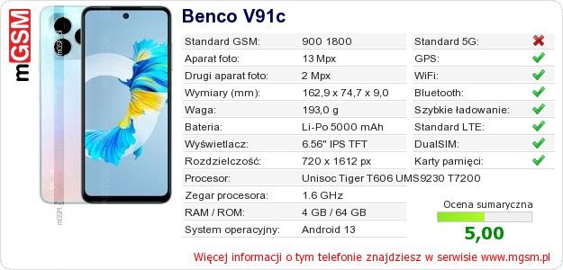 Dane telefonu Benco V91c