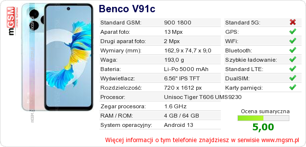 Dane telefonu Benco V91c Dane telefonu Benco V91c