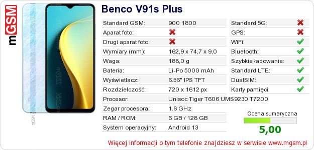 Dane telefonu Benco V91s Plus