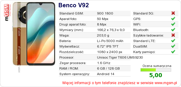 Dane telefonu Benco V92