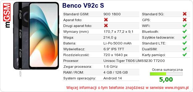 Dane telefonu Benco V92c S