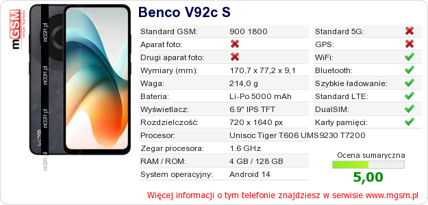 Dane telefonu Benco V92c S