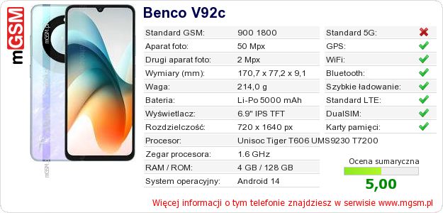 Dane telefonu Benco V92c