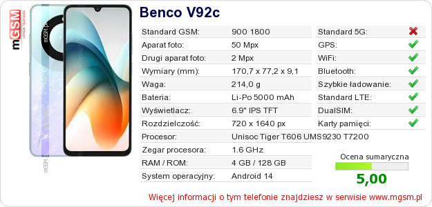 Dane telefonu Benco V92c