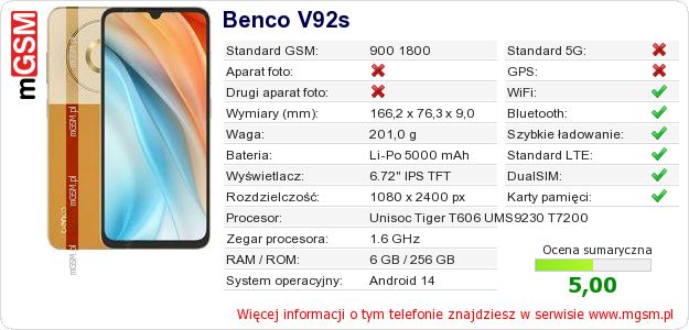 Dane telefonu Benco V92s