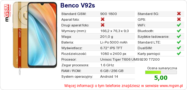 Dane telefonu Benco V92s