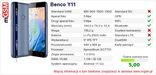 Dane telefonu Benco Y11