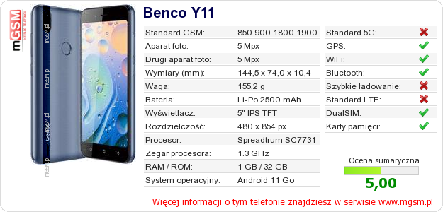 Dane telefonu Benco Y11