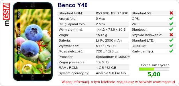Dane telefonu Benco Y40
