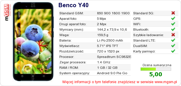 Dane telefonu Benco Y40 Dane telefonu Benco Y40