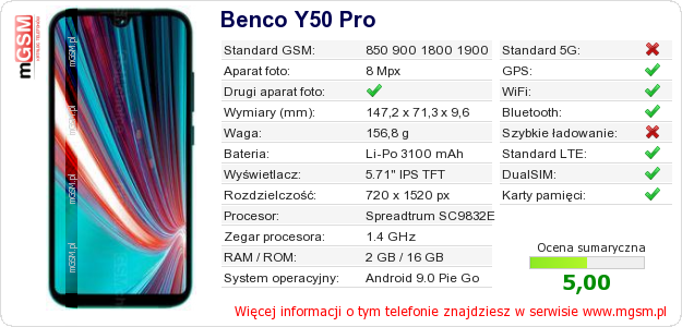 Dane telefonu Benco Y50 Pro