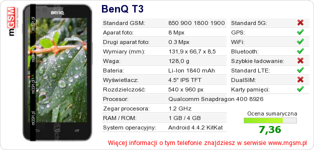 Dane telefonu BenQ T3