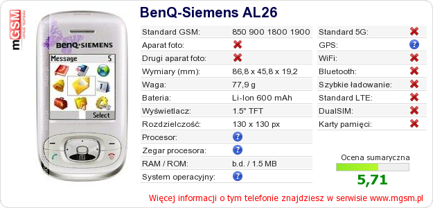 Dane telefonu BenQ-Siemens AL26