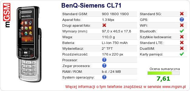 Dane telefonu BenQ-Siemens CL71 Dane telefonu BenQ-Siemens CL71
