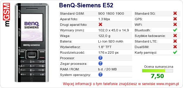 Dane telefonu BenQ-Siemens E52