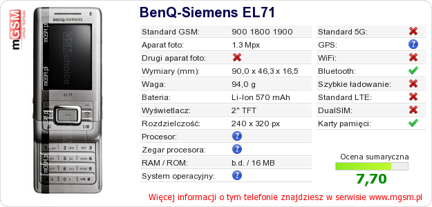 Dane telefonu BenQ-Siemens EL71
