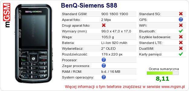 Dane telefonu BenQ-Siemens S88 Dane telefonu BenQ-Siemens S88