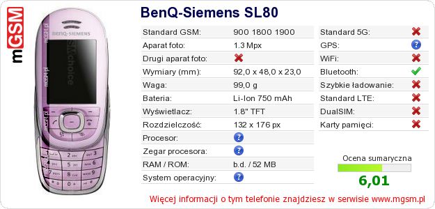Dane telefonu BenQ-Siemens SL80