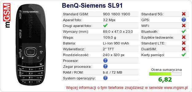 Dane telefonu BenQ-Siemens SL91 Dane telefonu BenQ-Siemens SL91