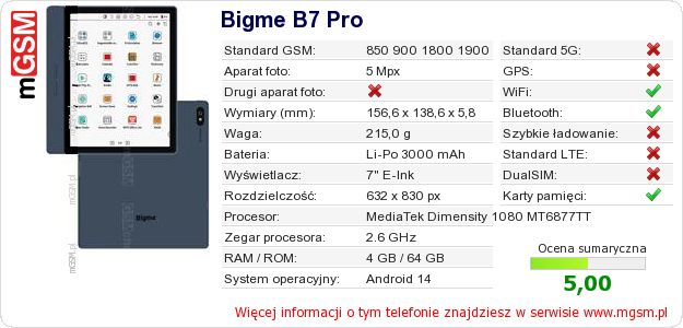 Dane telefonu Bigme B7 Pro Dane telefonu Bigme B7 Pro