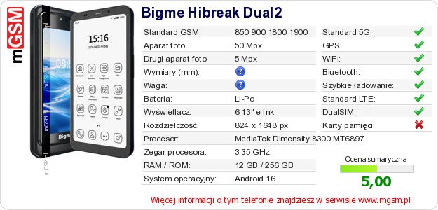 Dane telefonu Bigme Hibreak Dual2