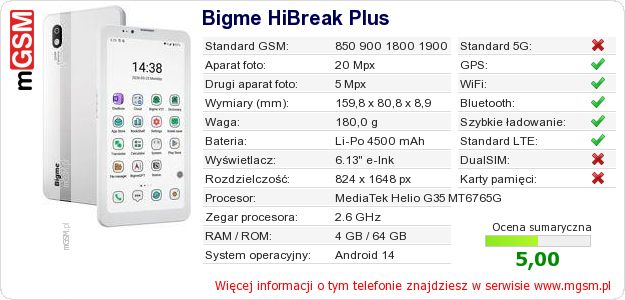 Dane telefonu Bigme HiBreak Plus