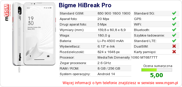 Dane telefonu Bigme HiBreak Pro