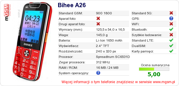 Dane telefonu Bihee A26