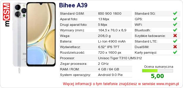 Dane telefonu Bihee A39 Dane telefonu Bihee A39