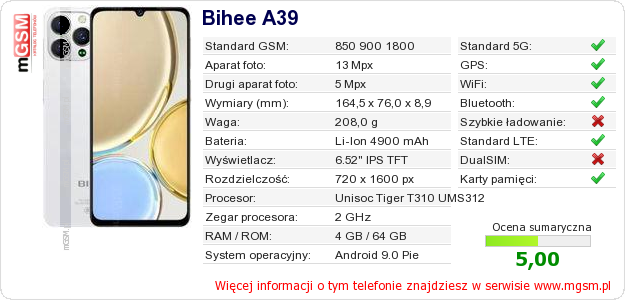 Dane telefonu Bihee A39