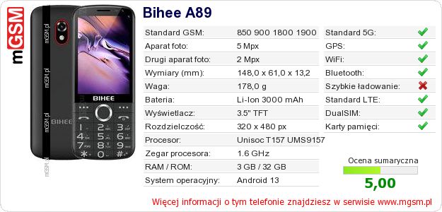 Dane telefonu Bihee A89