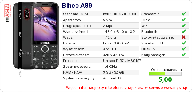 Dane telefonu Bihee A89 Dane telefonu Bihee A89