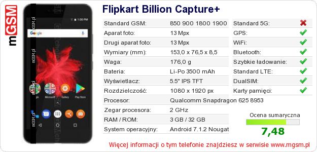 Dane telefonu Flipkart Billion Capture+